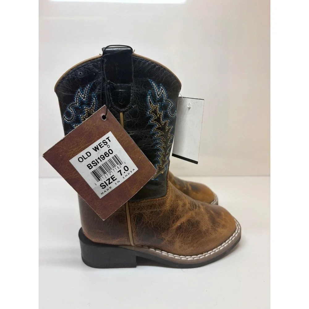 Old West Toddler Boys Brown Black Leather Square Toe Cowboy Boots BSI1960 Sz 7D